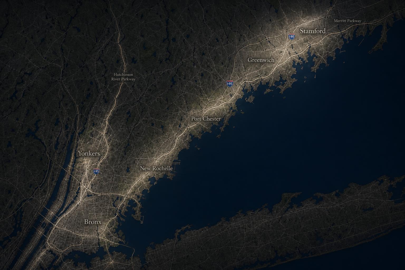 Service coverage map from Fairfield County, CT to Bronx, NY